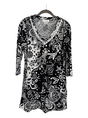 Soft Surroundings Paisley Dress v-neck mini shift black white 3/4 sleeve Sz L